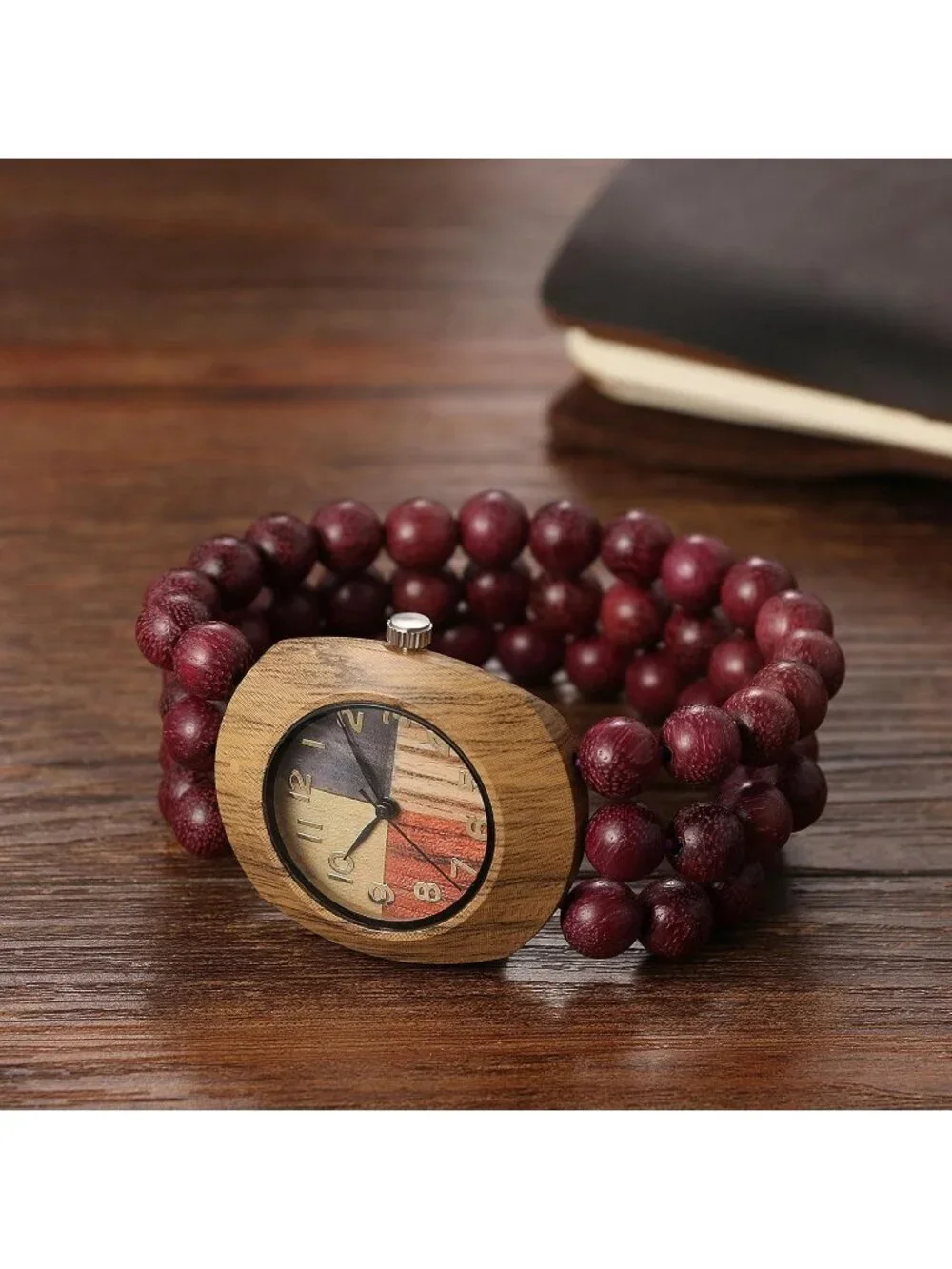 Women Red And Colorful Dial Analog Buddhist Beaded Bracelet Elastic Wooden Watch